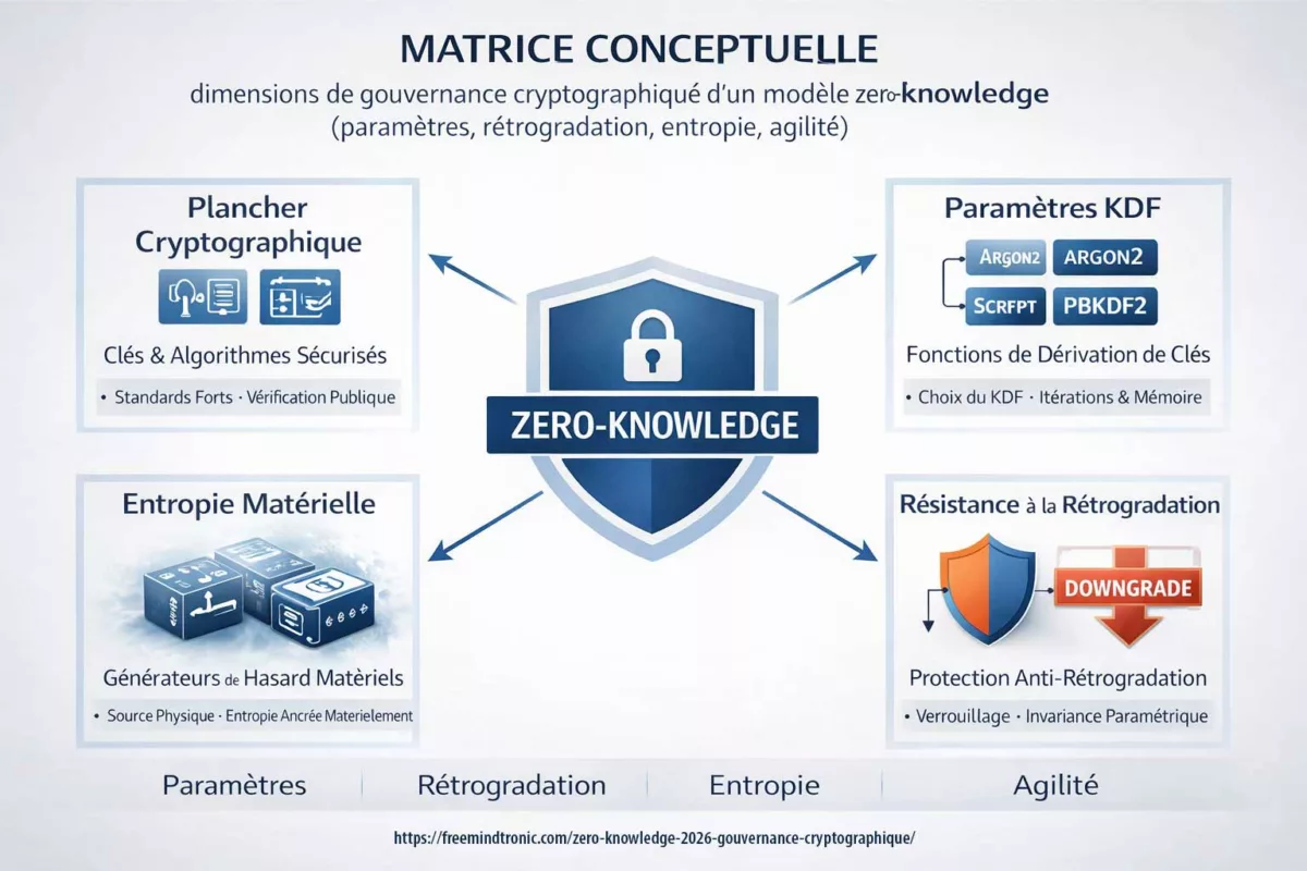 Matrice zero-knowledge gouvernance cryptographique : plancher cryptographique, paramètres KDF Argon2 PBKDF2, entropie matérielle et résistance au downgrade