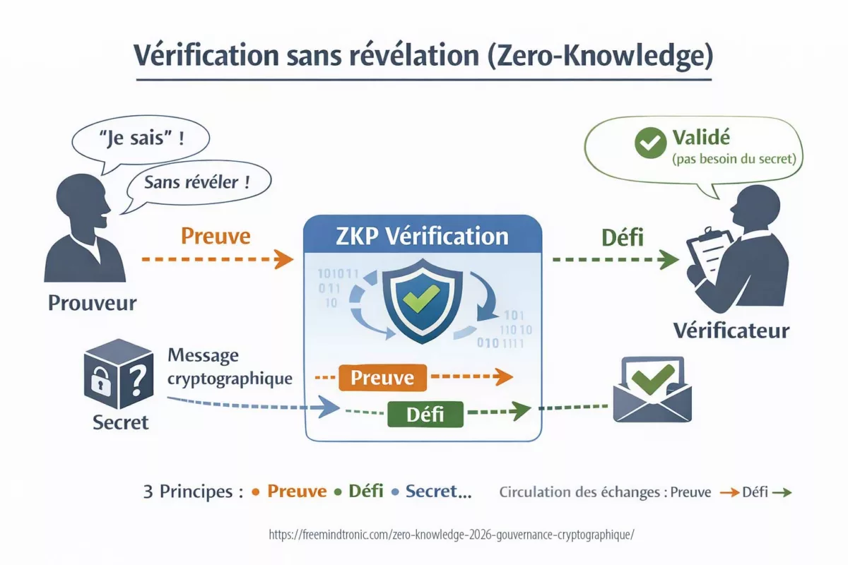 Schéma explicatif Zero-Knowledge Proof (ZKP) : vérification sans révélation du secret entre prouveur et vérificateur en cryptographie