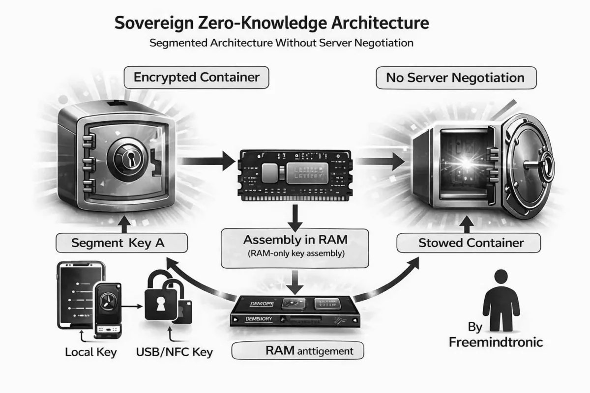 Sovereign Zero-Knowledge Architecture diagram showing segmented key A and B assembly in RAM only, encrypted container, and no server negotiation security model
