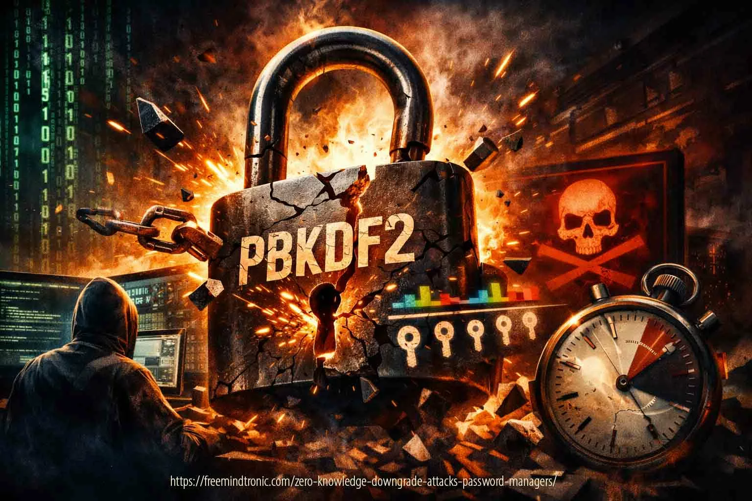 Zero-Knowledge Downgrade Attacks illustration showing a cracked PBKDF2 padlock under server compromise, highlighting password manager downgrade risk and KDF parameter governance failure