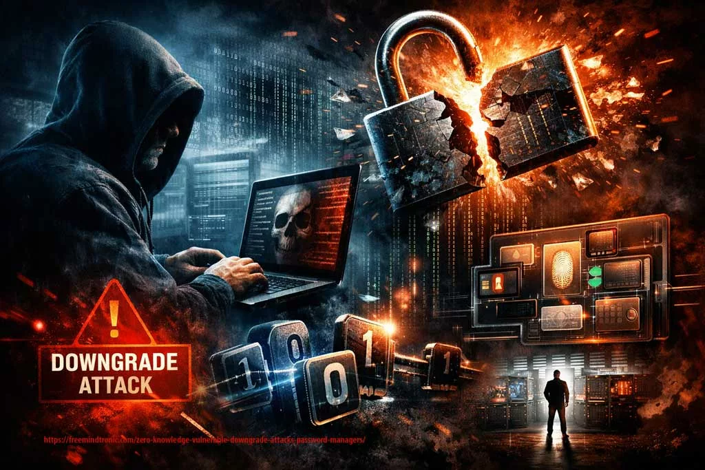 Zero-knowledge vulnérable illustré par une affiche cinéma montrant une attaque par downgrade contre un gestionnaire de mots de passe avec cadenas brisé et serveur compromis