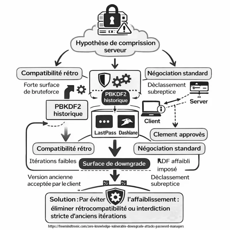 Schéma Zero-knowledge vulnérable illustrant une downgrade attack contre des gestionnaires de mots de passe via paramètres KDF rétrocompatibles