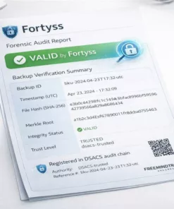 Fortyss forensic backup report showing VALID integrity status with DSACS audit chain verification and cryptographic proof details