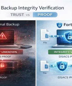 Comparison between traditional backup with no proof and Fortyss verifiable backup with DSACS integrity proof showing VALID result