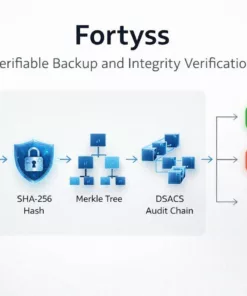 Fortyss verifiable backup process showing file hashing, merkle tree, DSACS audit chain and VALID or INVALID integrity result