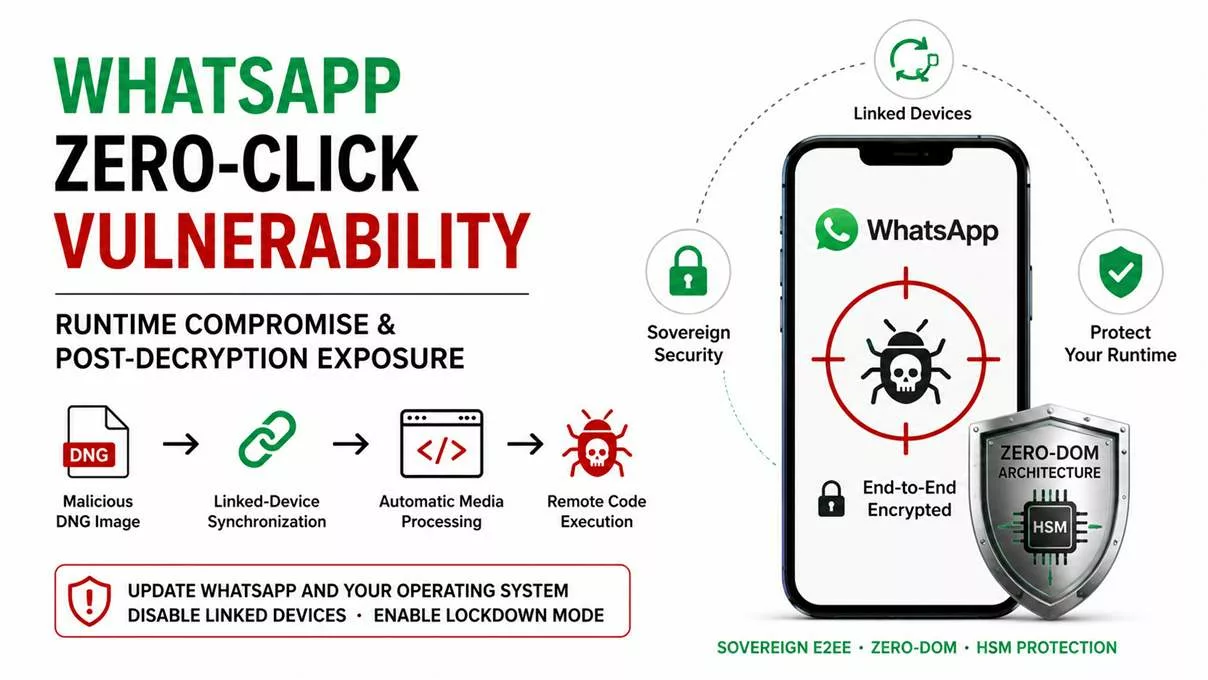 WhatsApp zero-click vulnerability infographic showing runtime compromise, malicious DNG images, linked-device synchronization and Zero-DOM sovereign E2EE protection