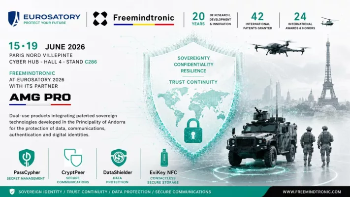 Freemindtronic Eurosatory 2026 showcasing sovereign cybersecurity technologies developed in Andorra with AMG PRO for data protection, secure communications, authentication and digital trust continuity