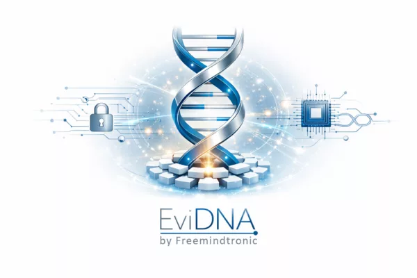 Illustration scientifique EviDNA avec double hélice d’ADN stylisée et symboles de sécurité numérique