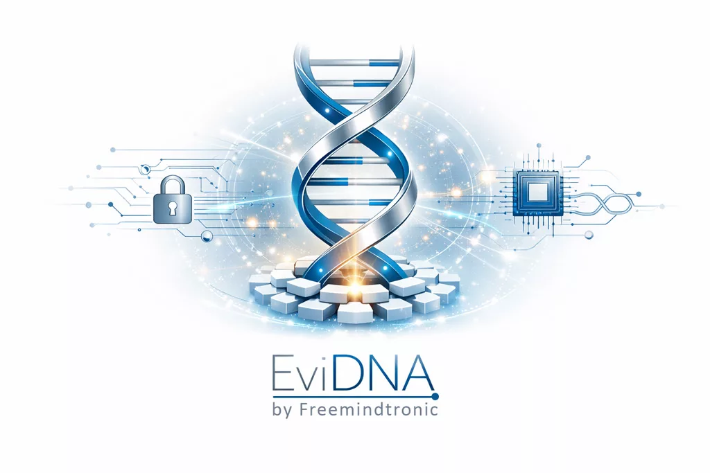Illustration scientifique EviDNA avec double hélice d’ADN stylisée et symboles de sécurité numérique