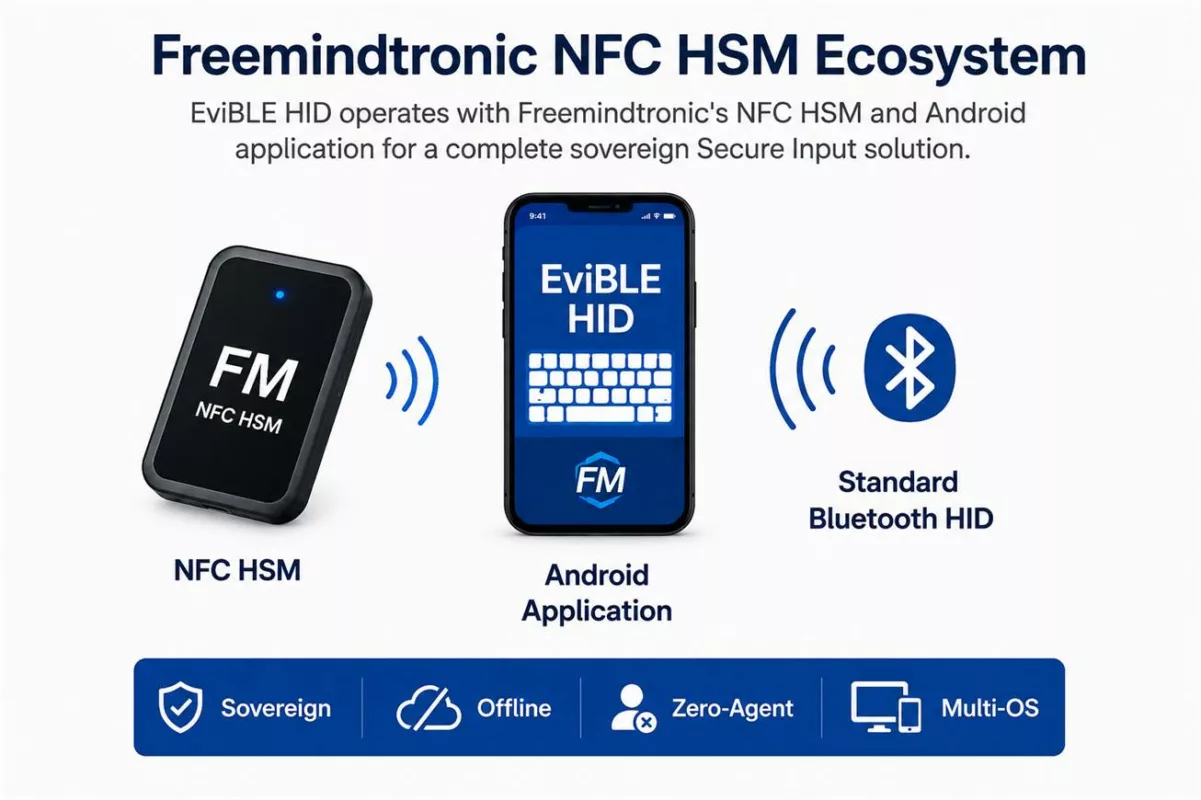 EviBLE HID Secure Input ecosystem with Freemindtronic NFC HSM, Android application and standard Bluetooth HID
