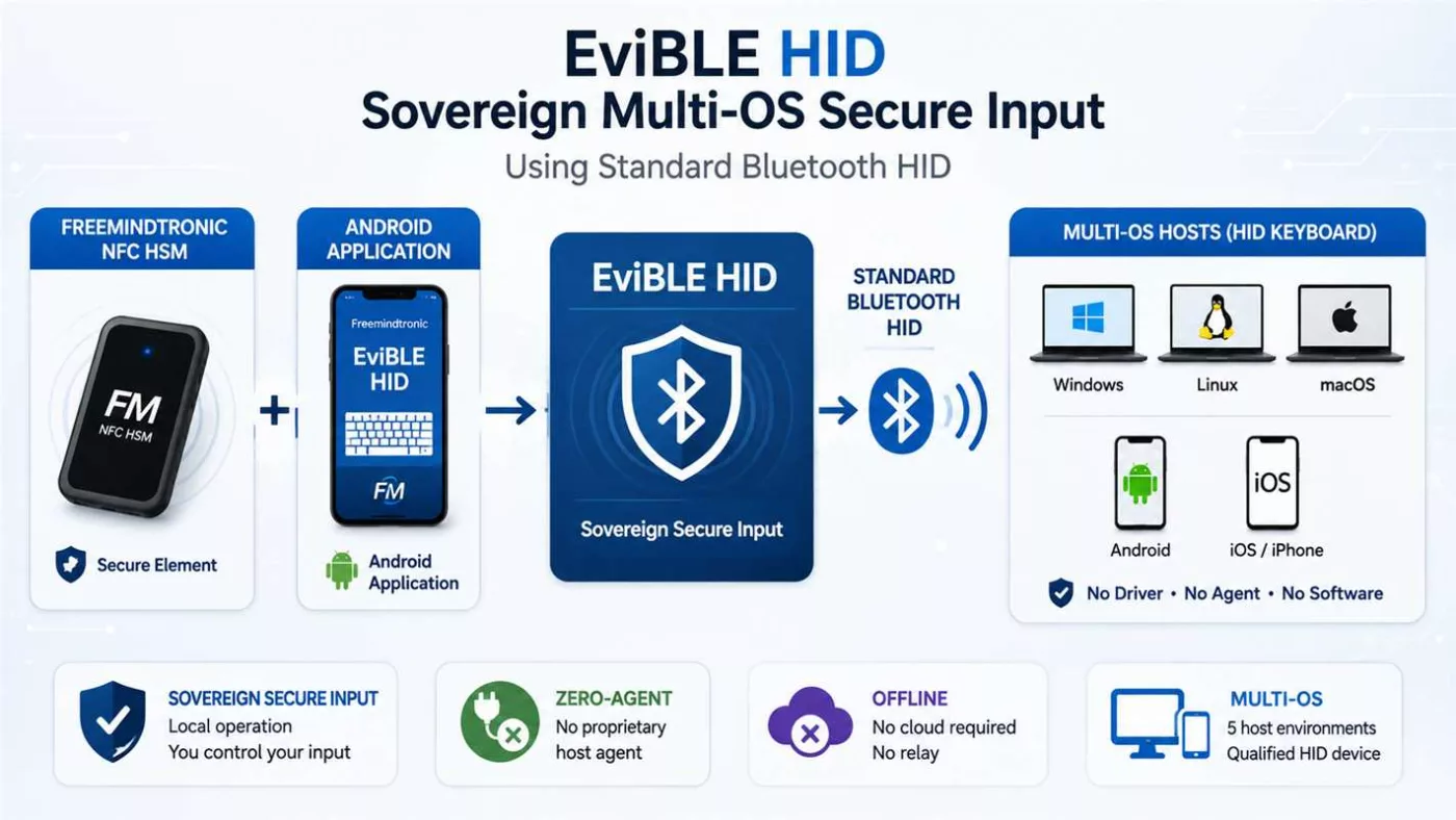 EviBLE HID sovereign multi-OS Secure Input with NFC HSM and standard Bluetooth HID