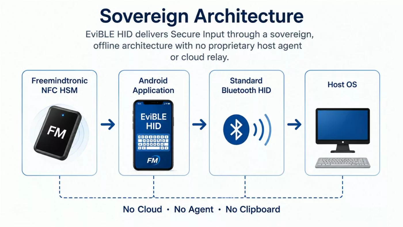 EviBLE HID sovereign Secure Input architecture from NFC HSM to host OS through standard Bluetooth HID