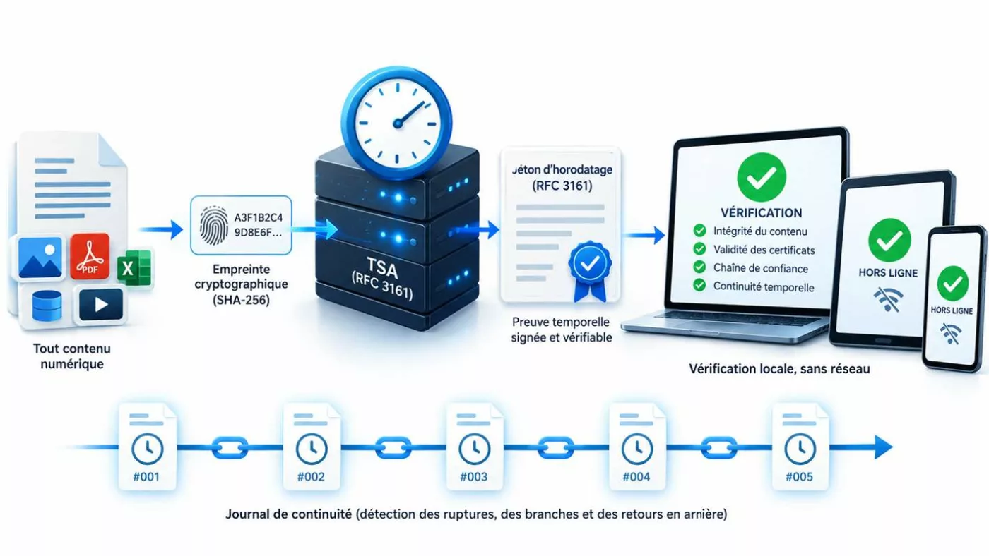 EviTime Technologies : chaîne de preuve temporelle RFC 3161, empreinte SHA-256, autorité TSA et journal de continuité cryptographique.
