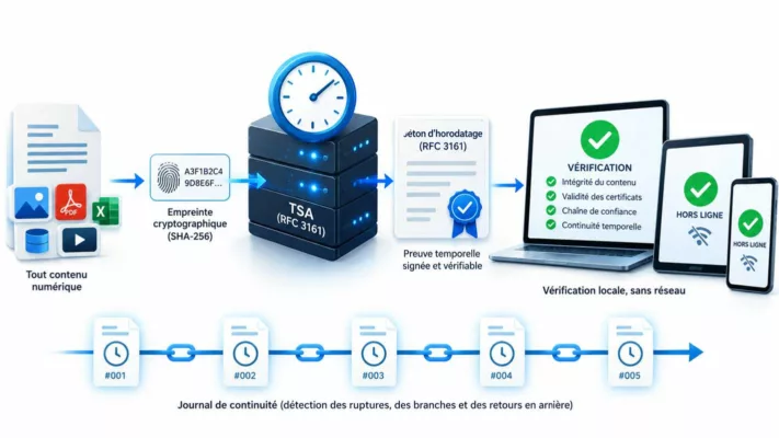 EviTime Technologies : chaîne de preuve temporelle RFC 3161, empreinte SHA-256, autorité TSA et journal de continuité cryptographique.