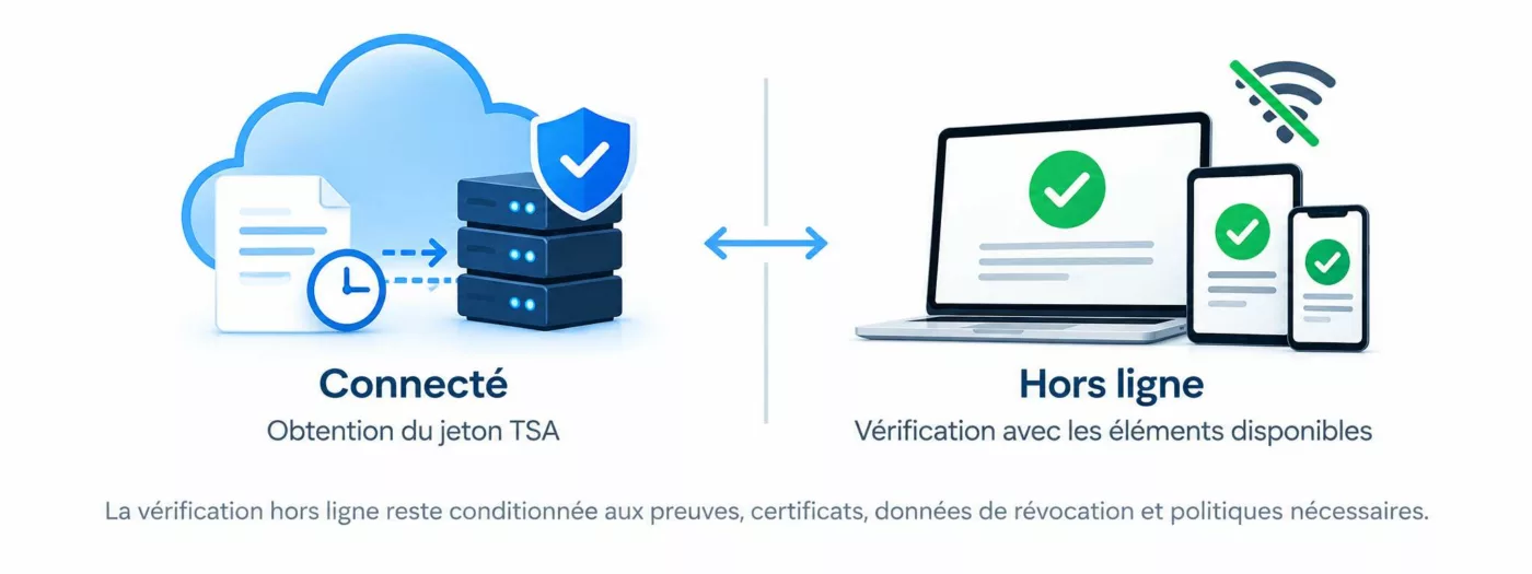 EviTime Technologies : horodatage électronique connecté via TSA et vérification de preuve temporelle hors ligne.